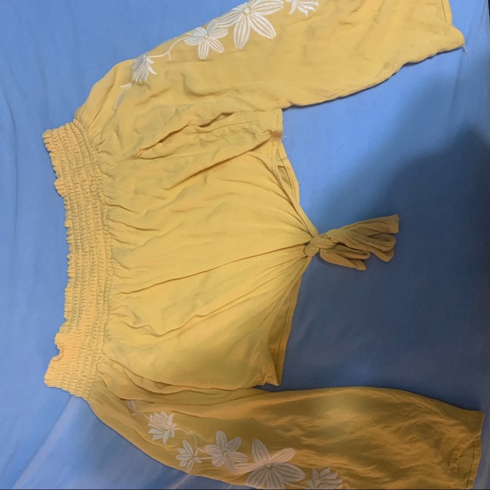 cute yellow off the shoulder cropped shirt